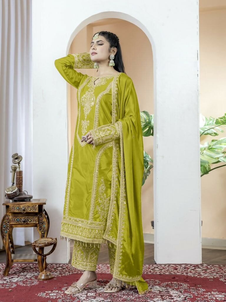 Teeya Creation Pista Green Color Chinnon Silk Embroidery Work Fully Stitched Salwar Suit