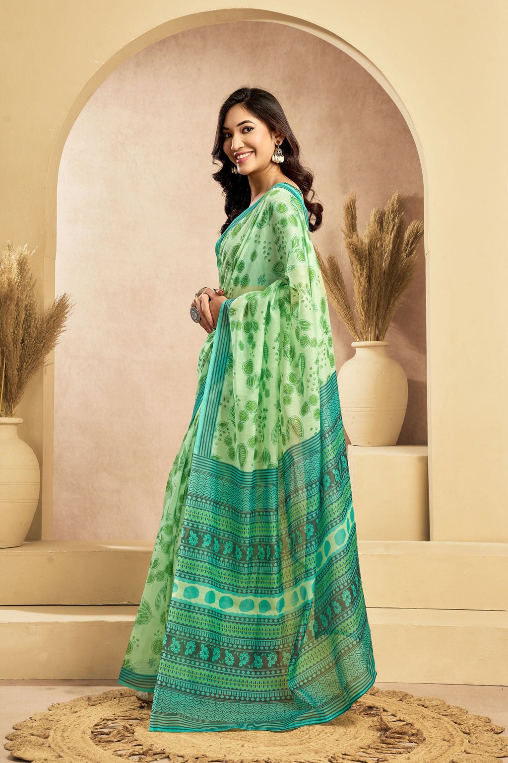 Vastranavya Mint Green Digital Printed Linen Ready To Wear Designer Saree with Unstitched Blouse