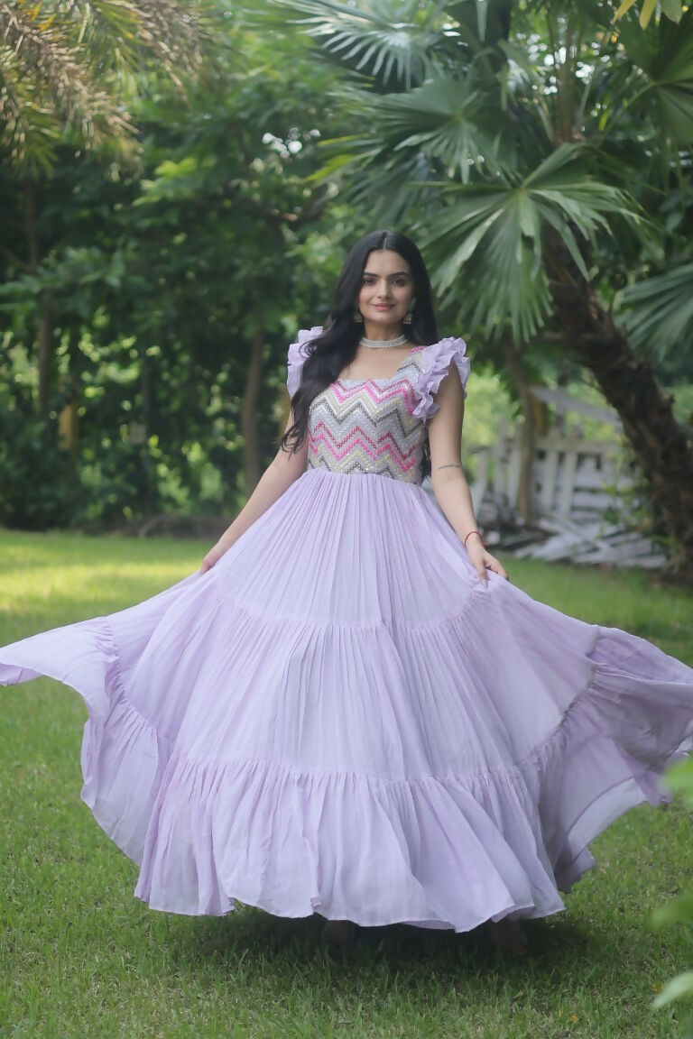 Jyoti Fashion Women's Purple Sequins Thread Embroidery Faux Georgette Anarkali Dress