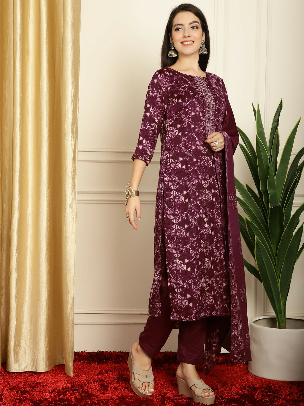 Jyoti Fashion Women's Wine Pashmina Floral Digital Printed Kurta with Trouser & Dupatta