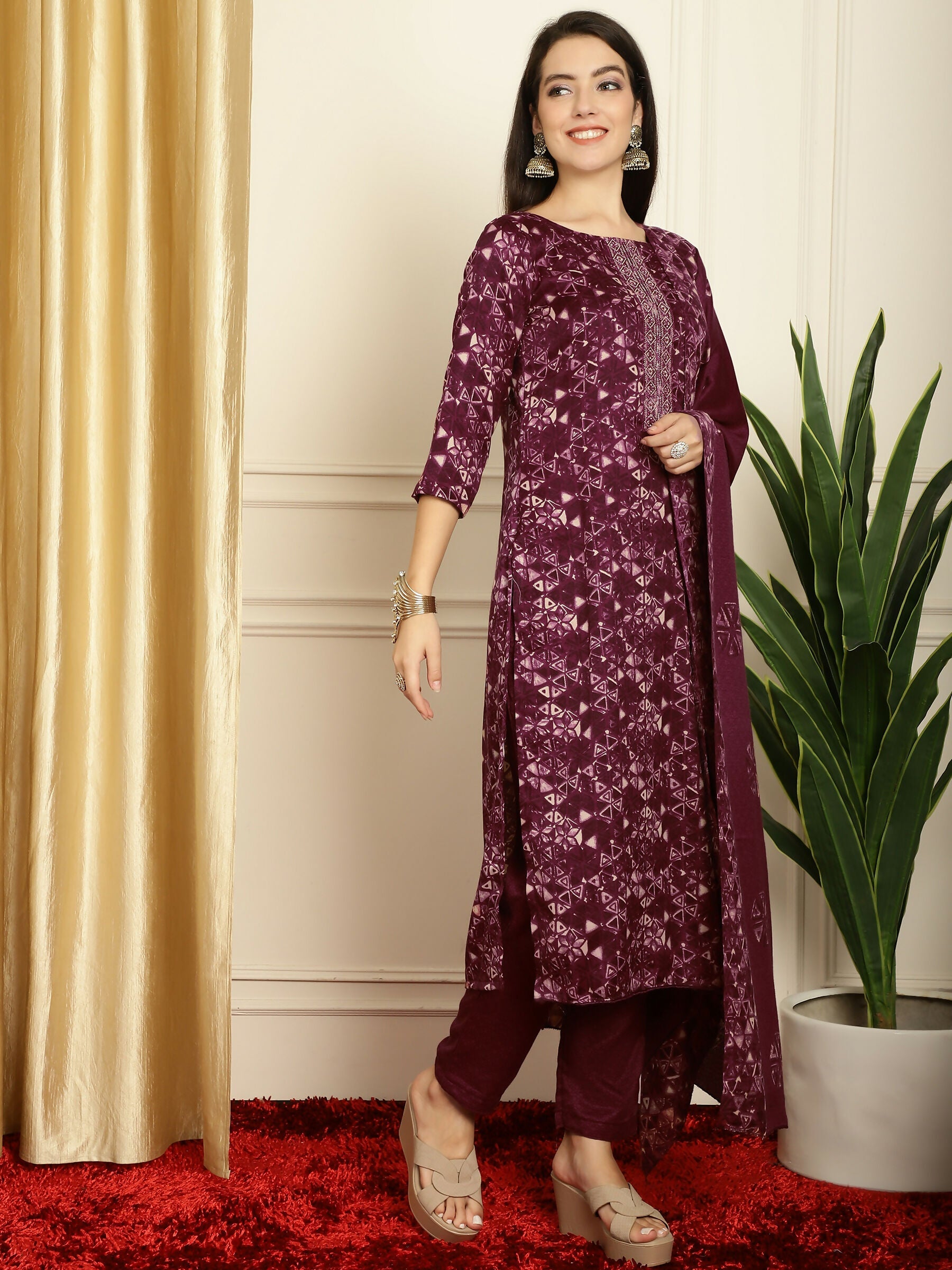 Jyoti Fashion Women's Wine Pashmina Floral Digital Printed Kurta with Trouser & Dupatta