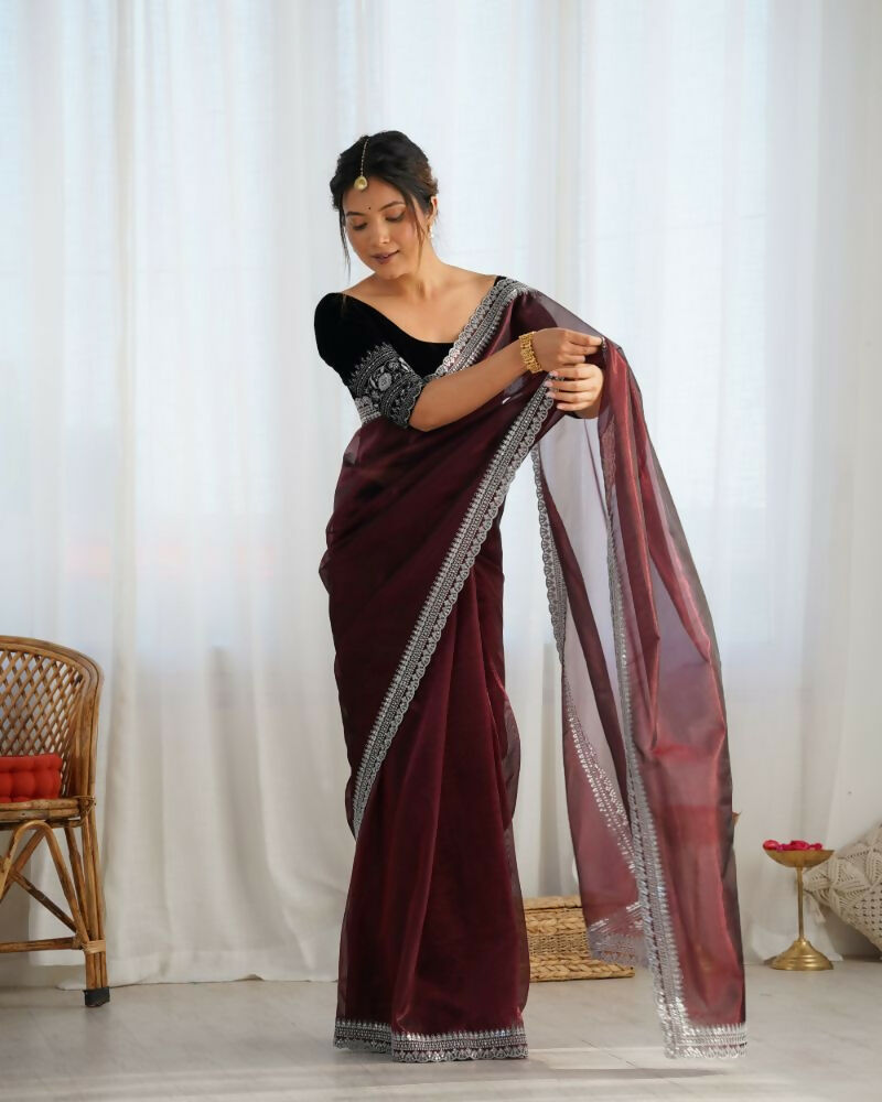 Attrctive Looking Gold Jari, Sequance Embroidery Work Twill Net Party Wear Saree - Coffee
