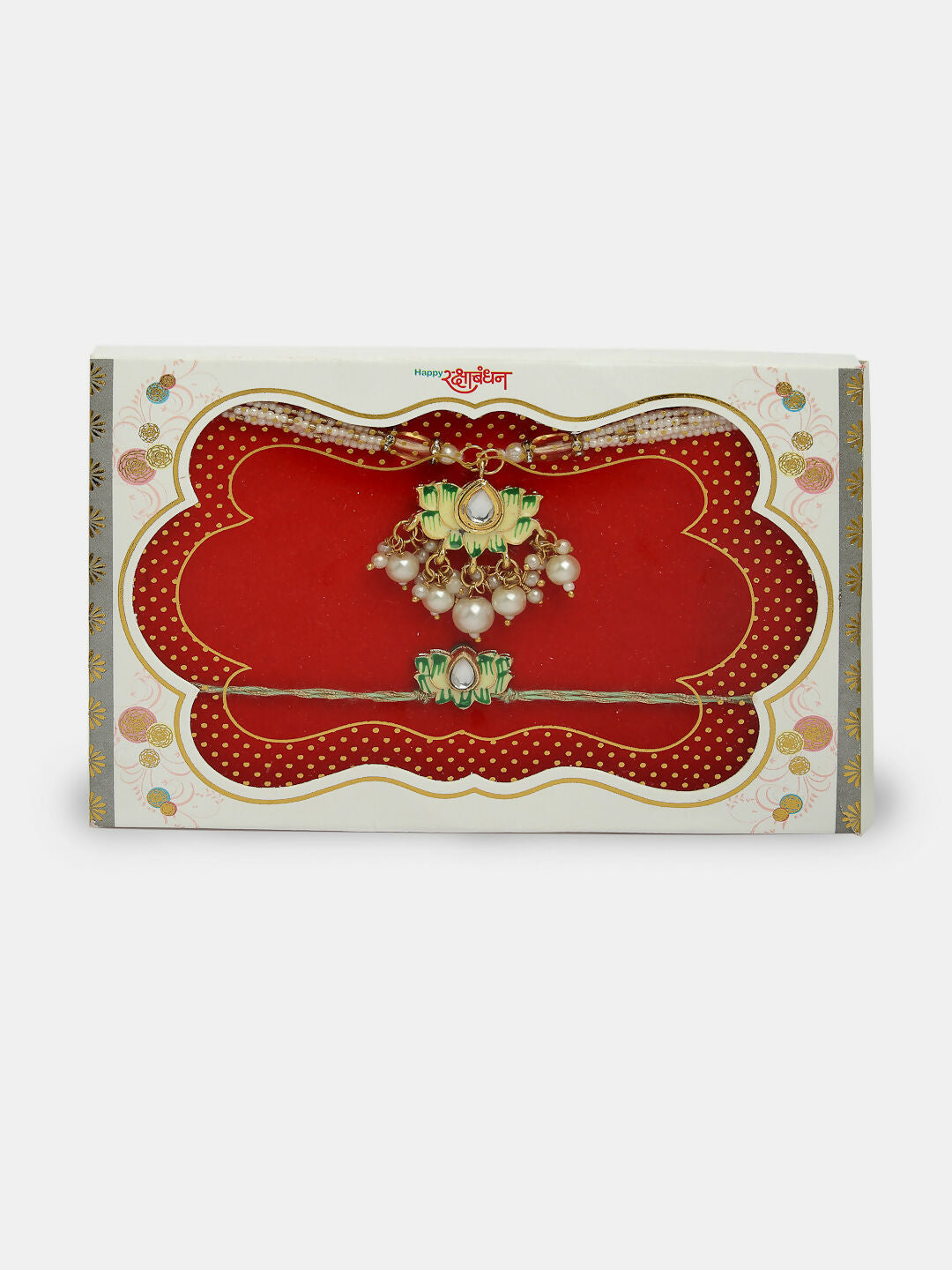 NVR Women & Men Set of 2 Green Lotus Shape Kundan-Studded & Beaded Wraparound Rakhi Set With Roli Chawal & Chocolate