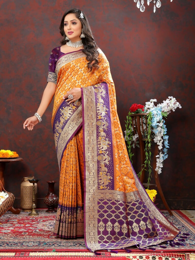 Vastranavya Orange Soft Patola Silk With Meenakari Weaving Motifs And Rich Zari Weaving Pallu Saree With Matching Blouse Fabric