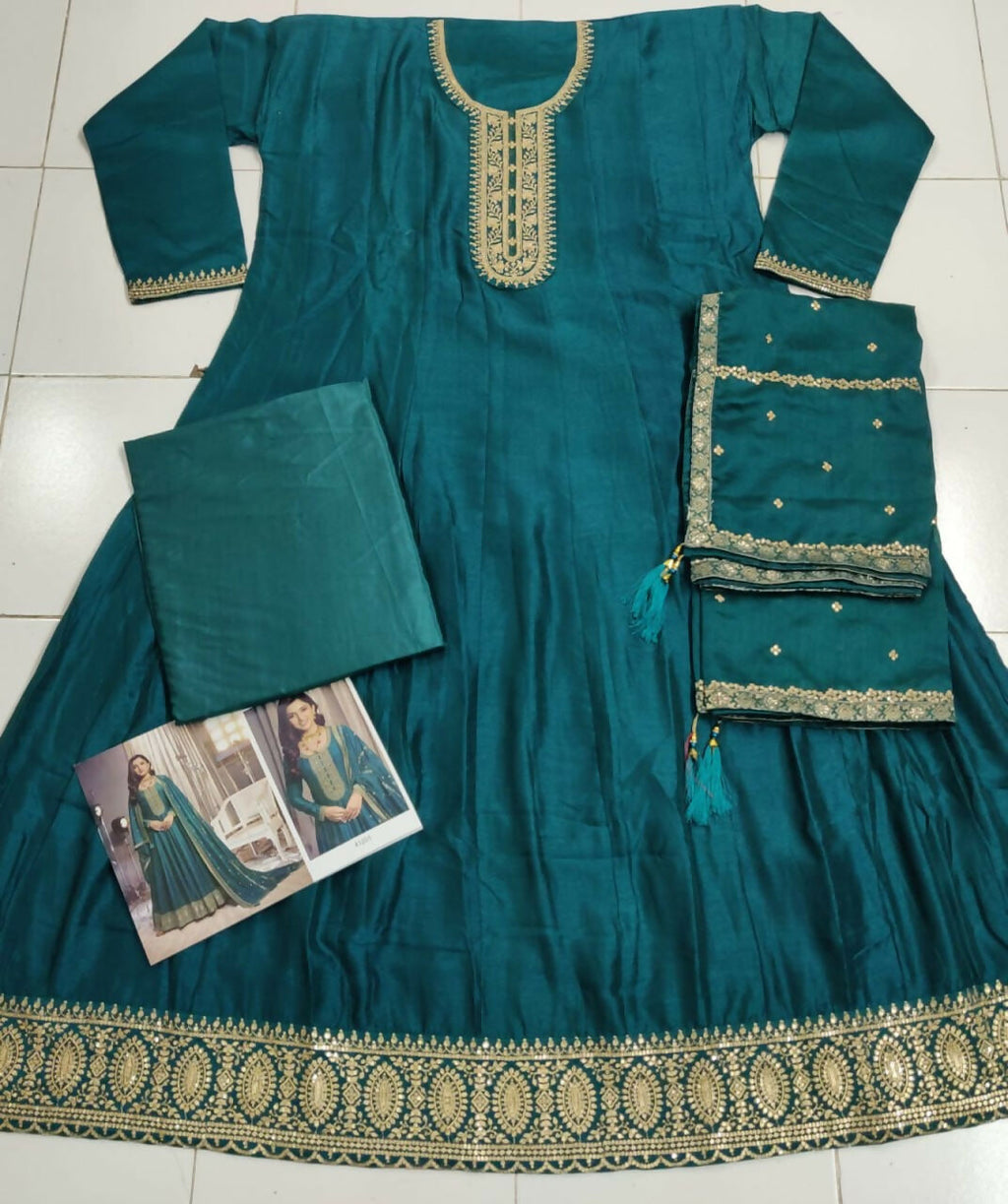 Vastranavya Nidhi Shah Teal Art Silk Embroidered Anarkali Suit