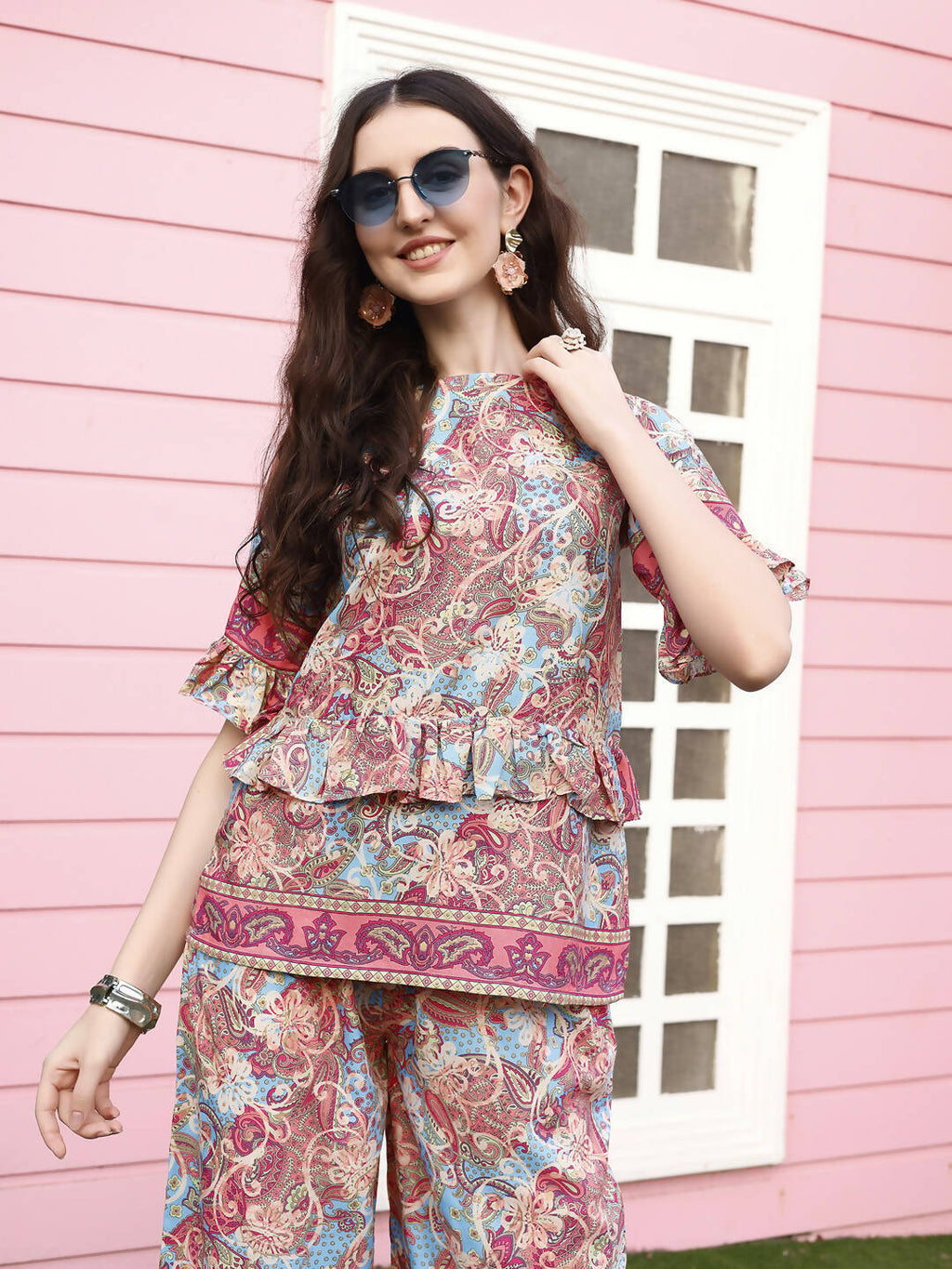 Red Rayon Floral Printed Top with Matching Bottom - Eesha
