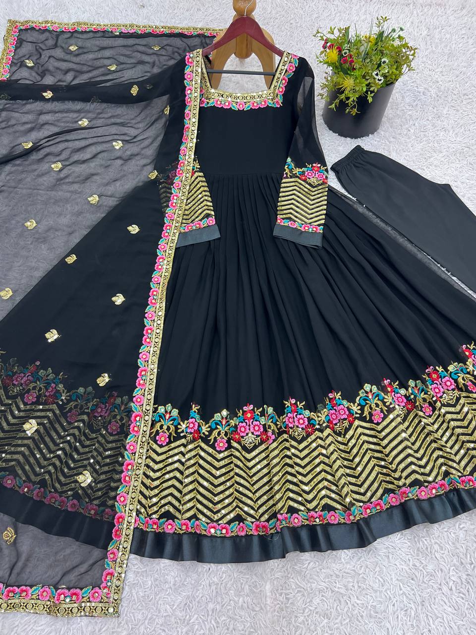 Prazu Fashion Black Georgette Embroidered Sequence Anarkali Suit