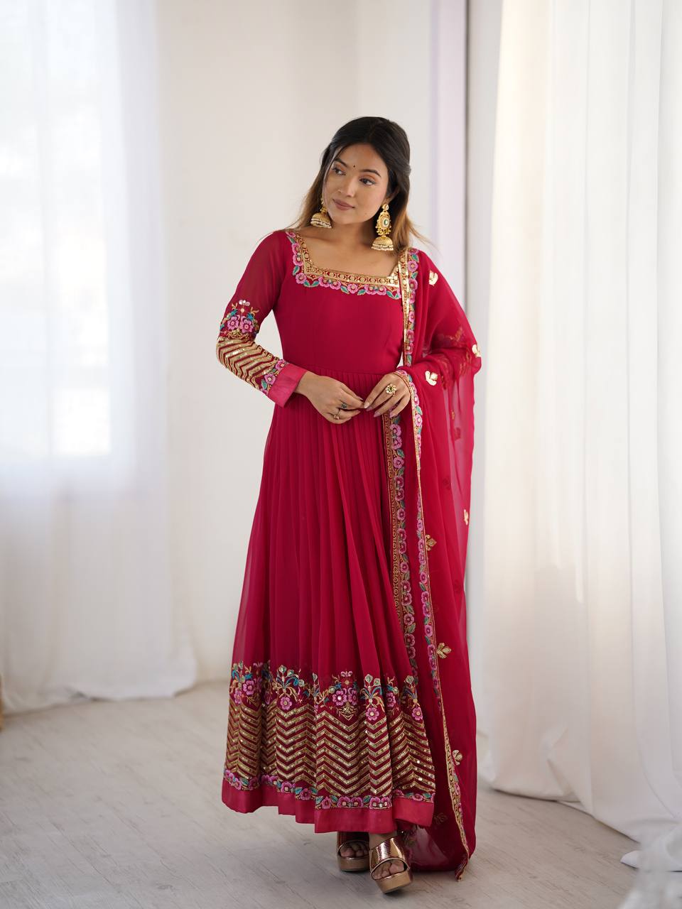 Prazu Fashion Rani Pink Georgette Embroidered Sequence Anarkali Suit