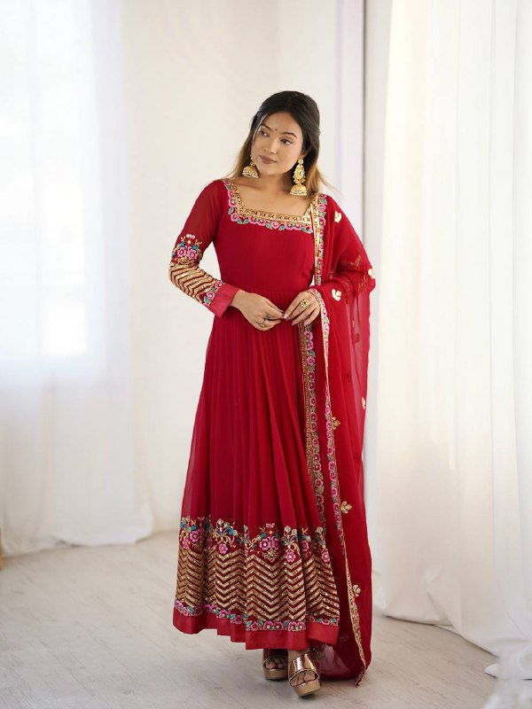 Prazu Fashion Red Georgette Embroidered Sequence Anarkali Suit