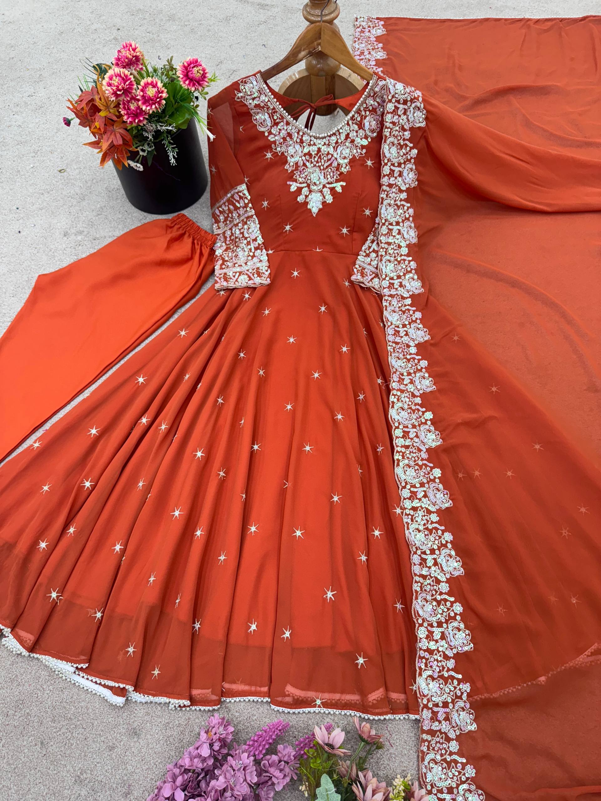 Prazu Fashion Red Georgette Embroidered With Moti Work Anarkali Suit