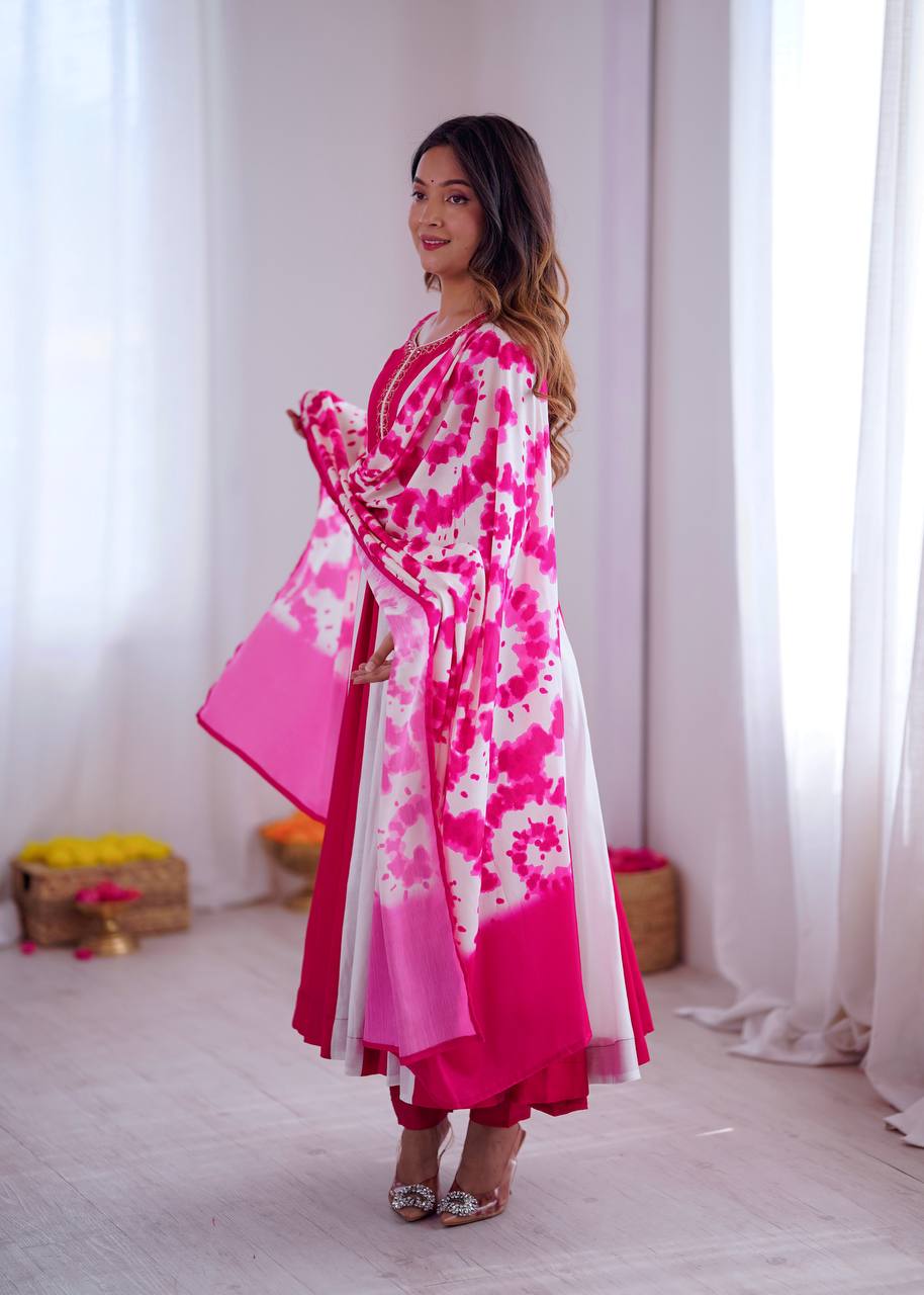 Prazu Fashion Pink And White Roman Silk Embroidery With Digital Print Work Kurta Suit