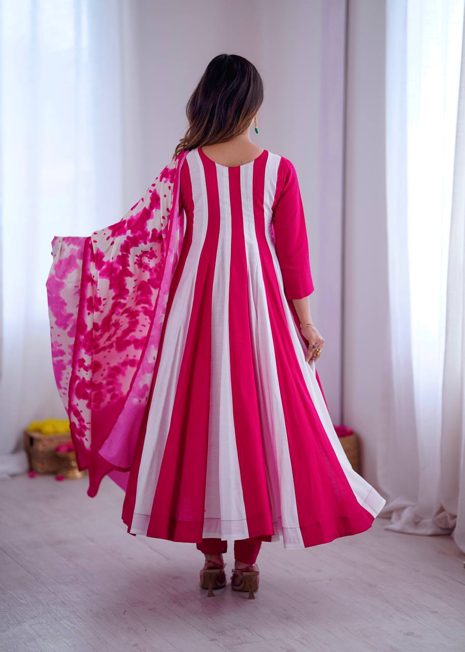 Prazu Fashion Pink And White Roman Silk Embroidery With Digital Print Work Kurta Suit