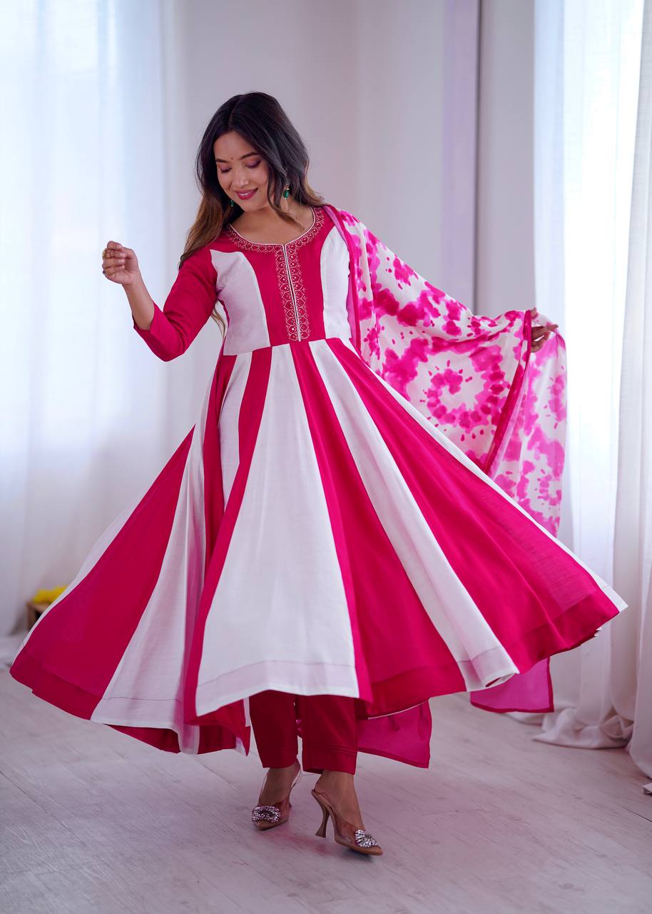 Prazu Fashion Pink And White Roman Silk Embroidery With Digital Print Work Kurta Suit