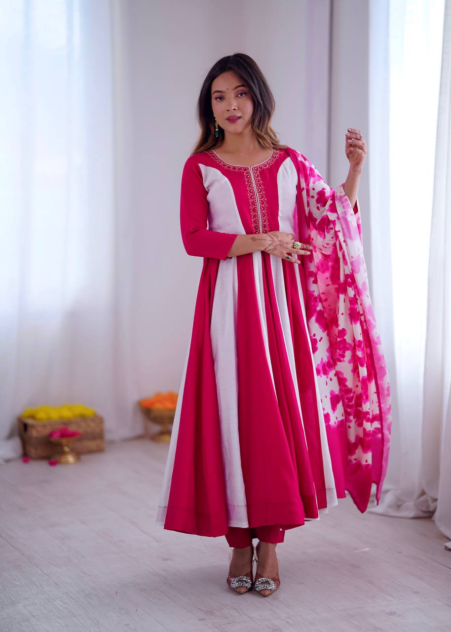 Prazu Fashion Pink And White Roman Silk Embroidery With Digital Print Work Kurta Suit