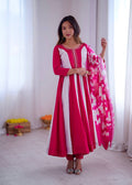 Prazu Fashion Pink And White Roman Silk Embroidery With Digital Print Work Kurta Suit