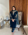 Vastranavya Teal Velvet Cording Sequence Embroidery Work Suit With Dupatta