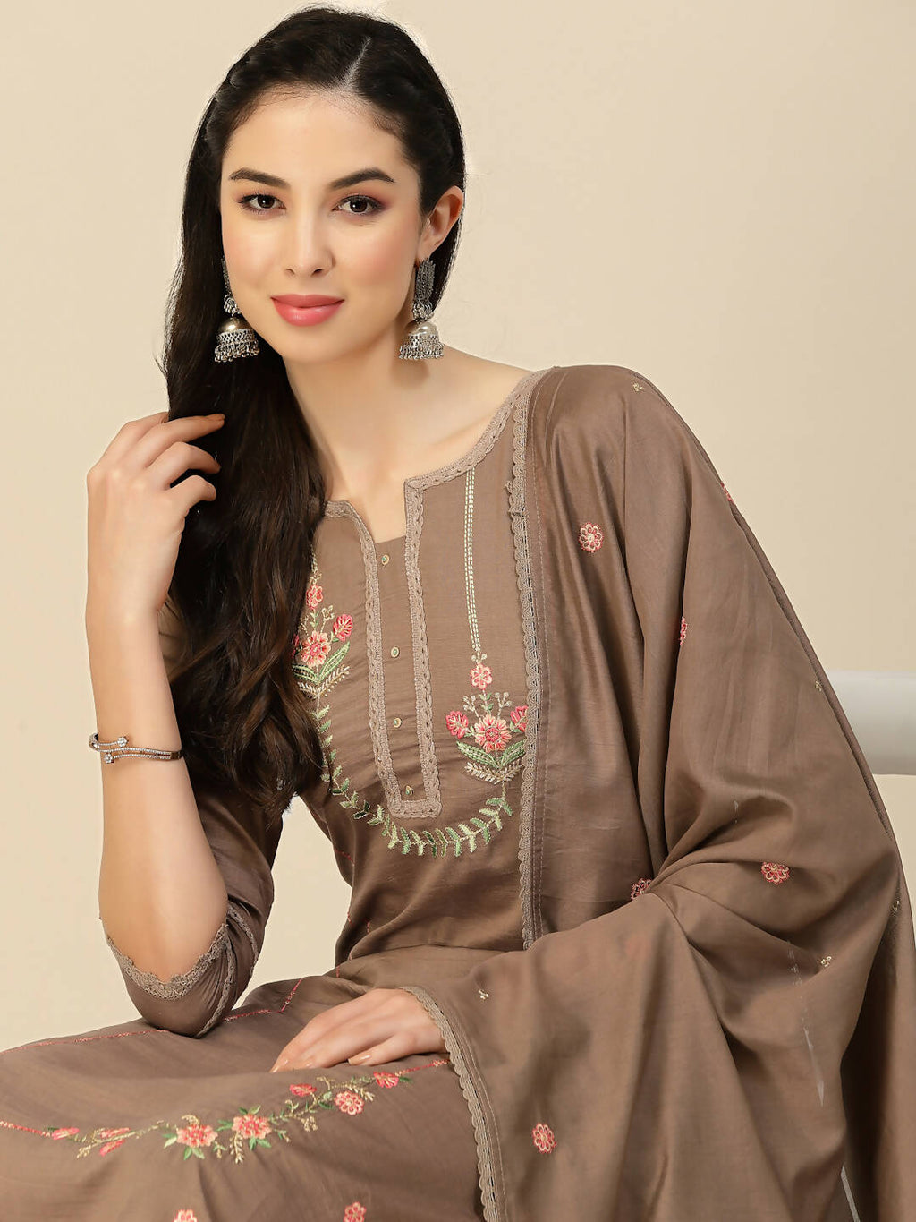 Brown Embroidered Chinon Straight Kurta With Trouser & Dupatta - Salimar