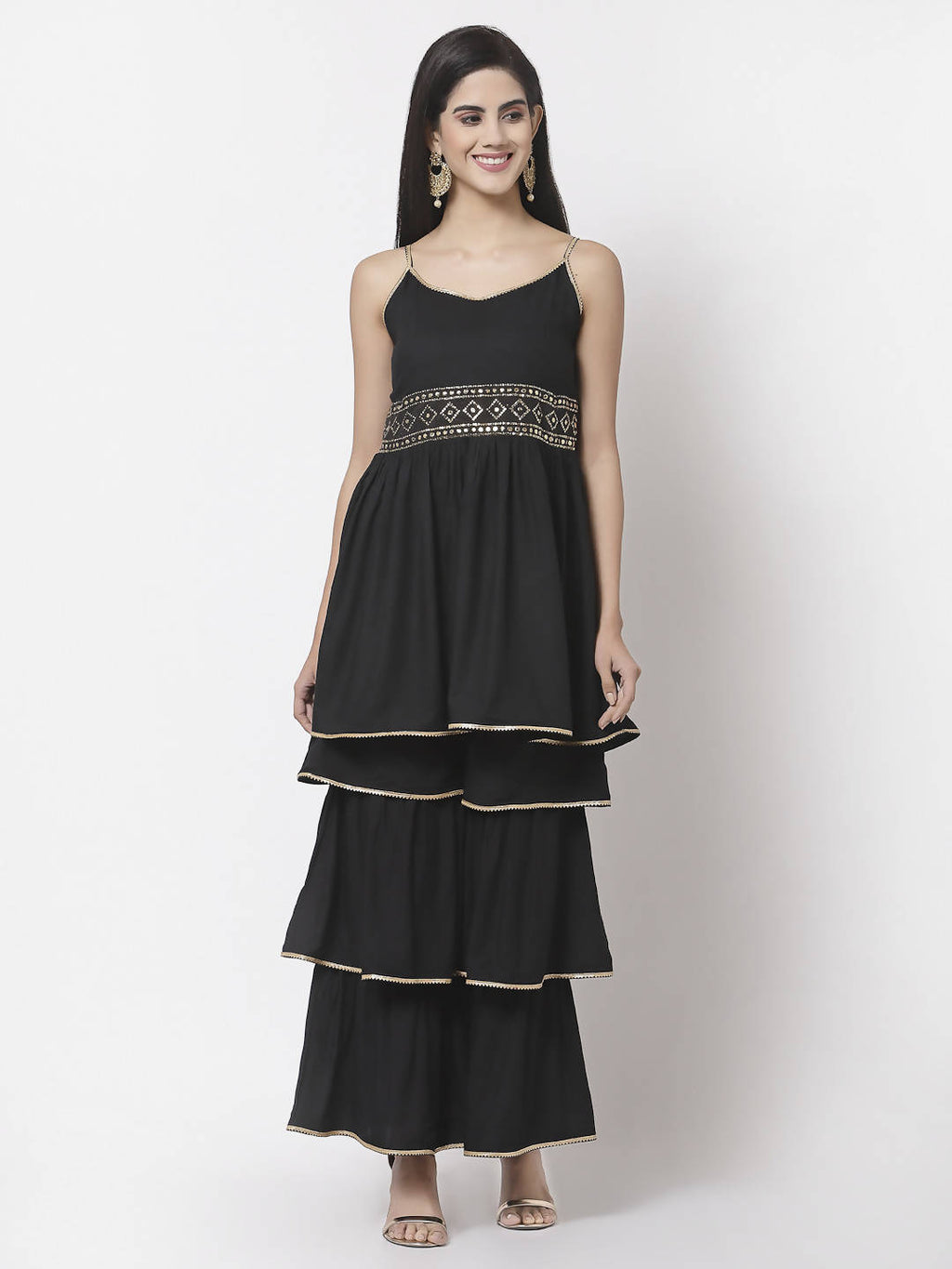 Myshka Women Black Rayon Solid Sleeveless Round Neck Kurta With Sharara & Dupatta Set