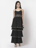 Myshka Women Black Rayon Solid Sleeveless Round Neck Kurta With Sharara & Dupatta Set
