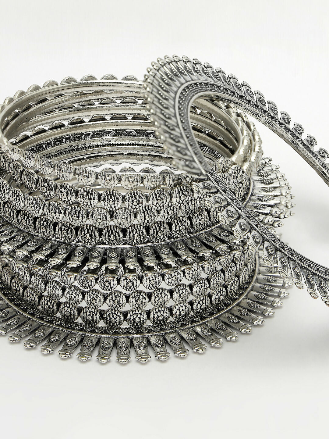 NVR Women's Set of 6 Silver-Toned German Silver Oxidised Bangles