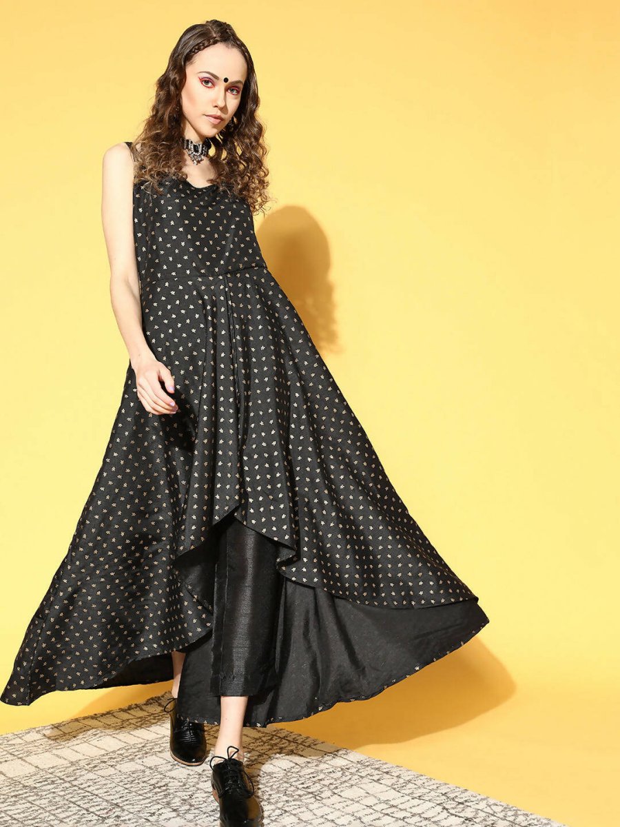 Ahalyaa Women Black Colour Poly Silk Gold Printed Kurta Pant Set