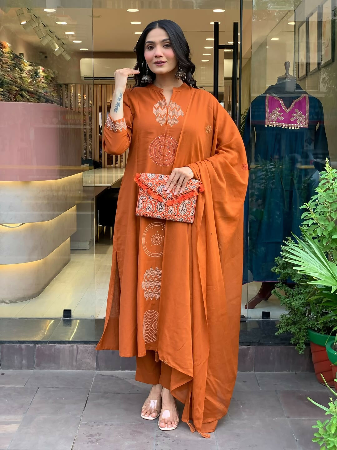 The52 Orange Women's Gorgeous Chanderi Fabric Embroidered Work Straight Kurta Pant and Dupatta Set