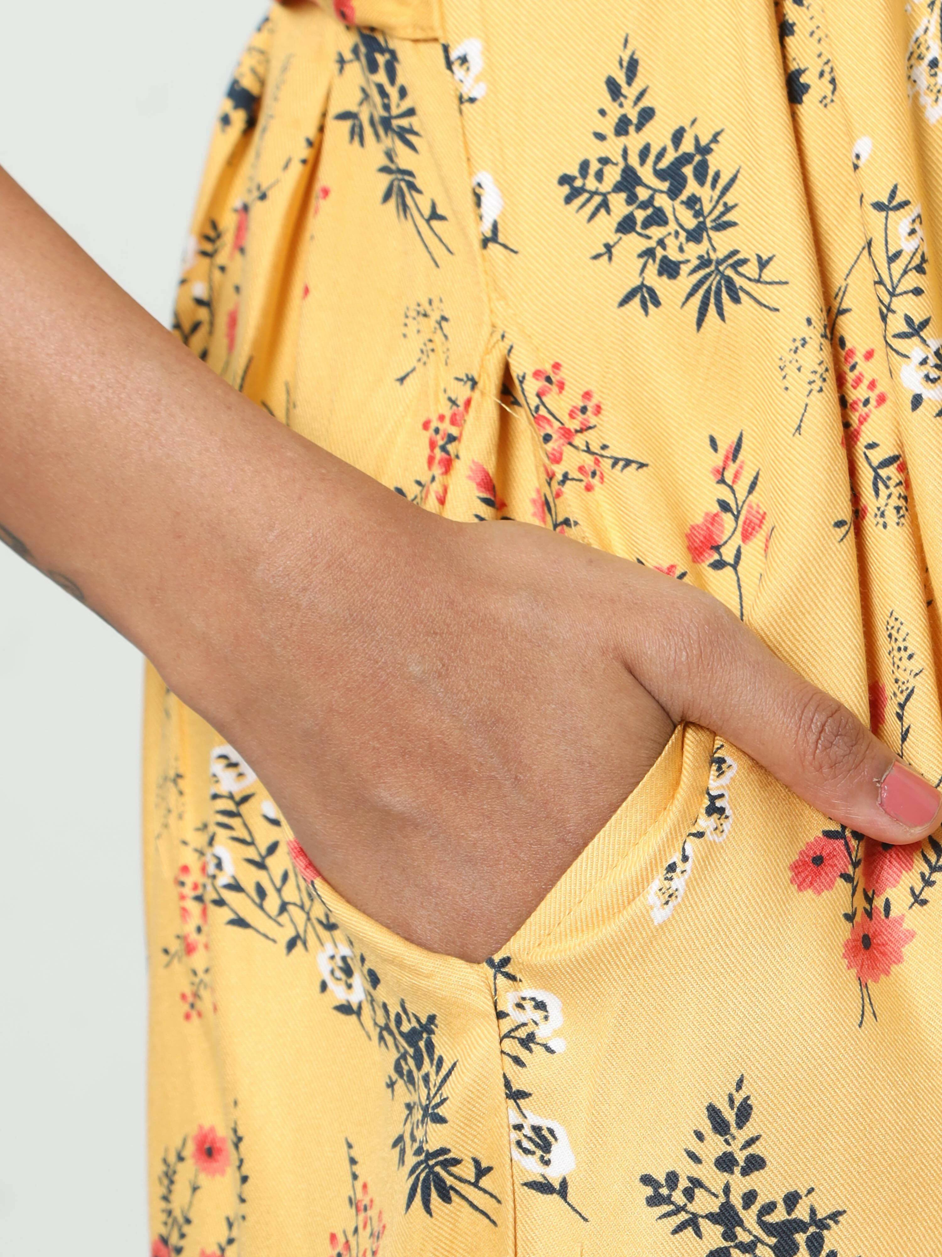 Manet Three Fourth Maternity Dress Floral Print With Concealed Zipper Nursing Access - Yellow