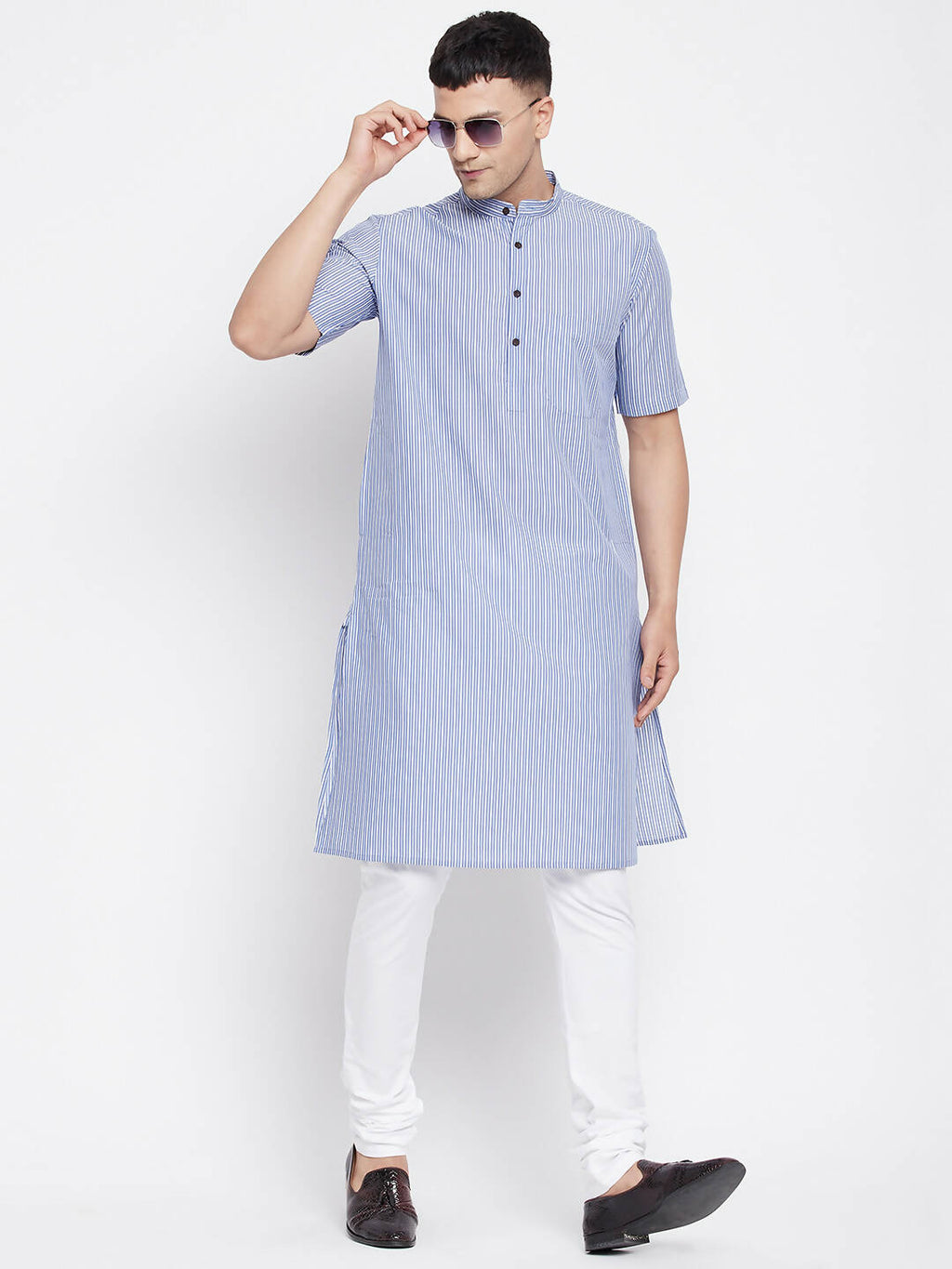Even Apparels Blue Men's H/S Pure Cotton Kurta With Band Collar