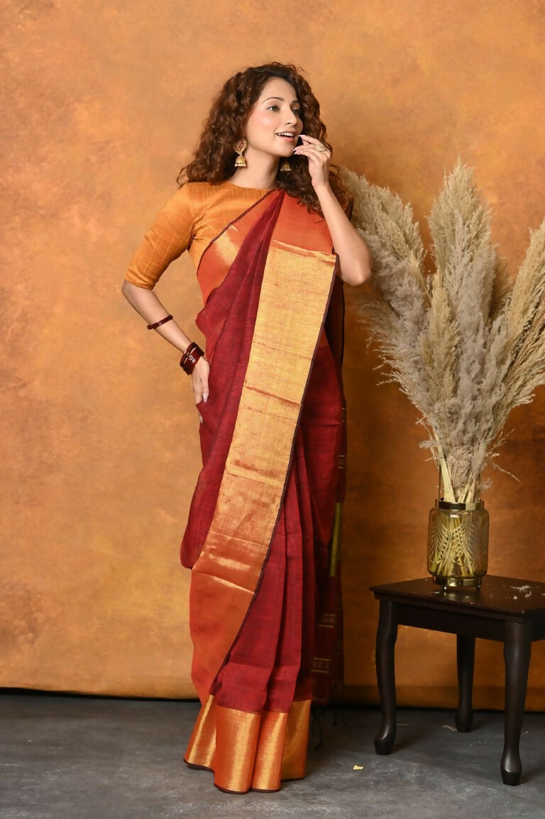Very Much Indian Handloom Pure Cotton Linen Saree With Golden Border - Dark Maroon
