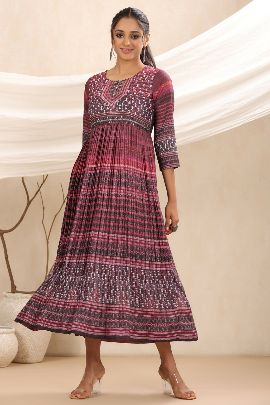 Juniper Purple muslin maxi dress with ethnic motif print with sequins & beads work