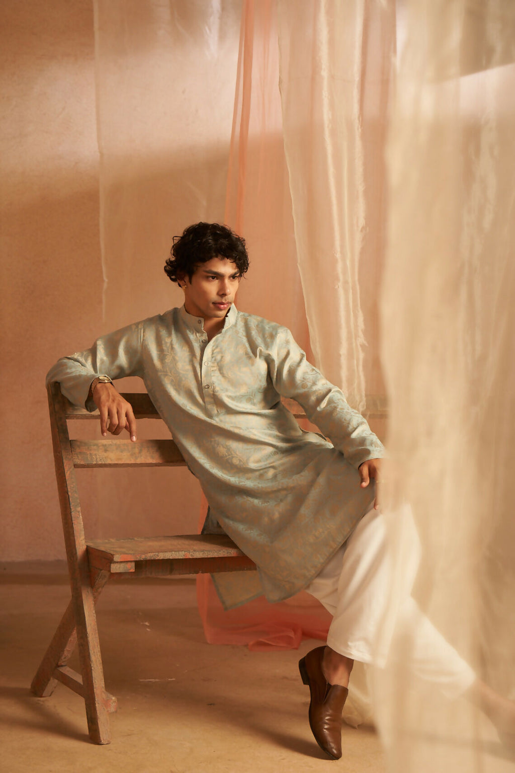 Light Blue Viscose Wevon Designer Men's Kurta Set - Mahotsav