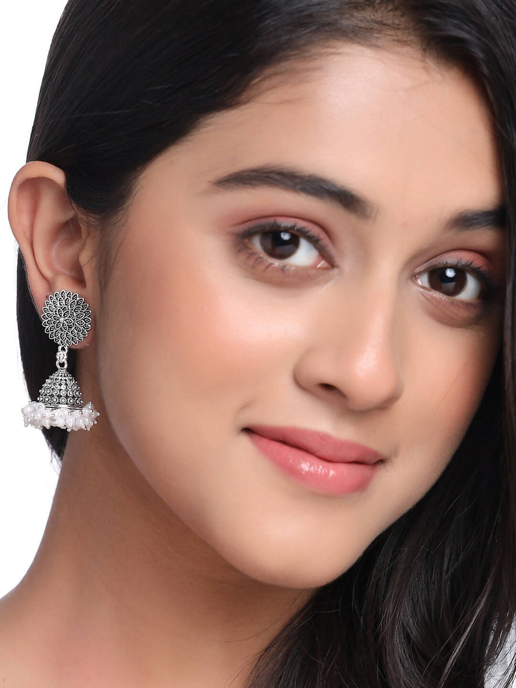 NVR Women Silver Toned Dome Shaped Jhumkas Earrings
