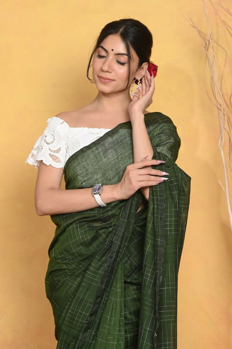 Very Much Indian Mul Cotton Khadi Design Handloom Woven Saree - Green