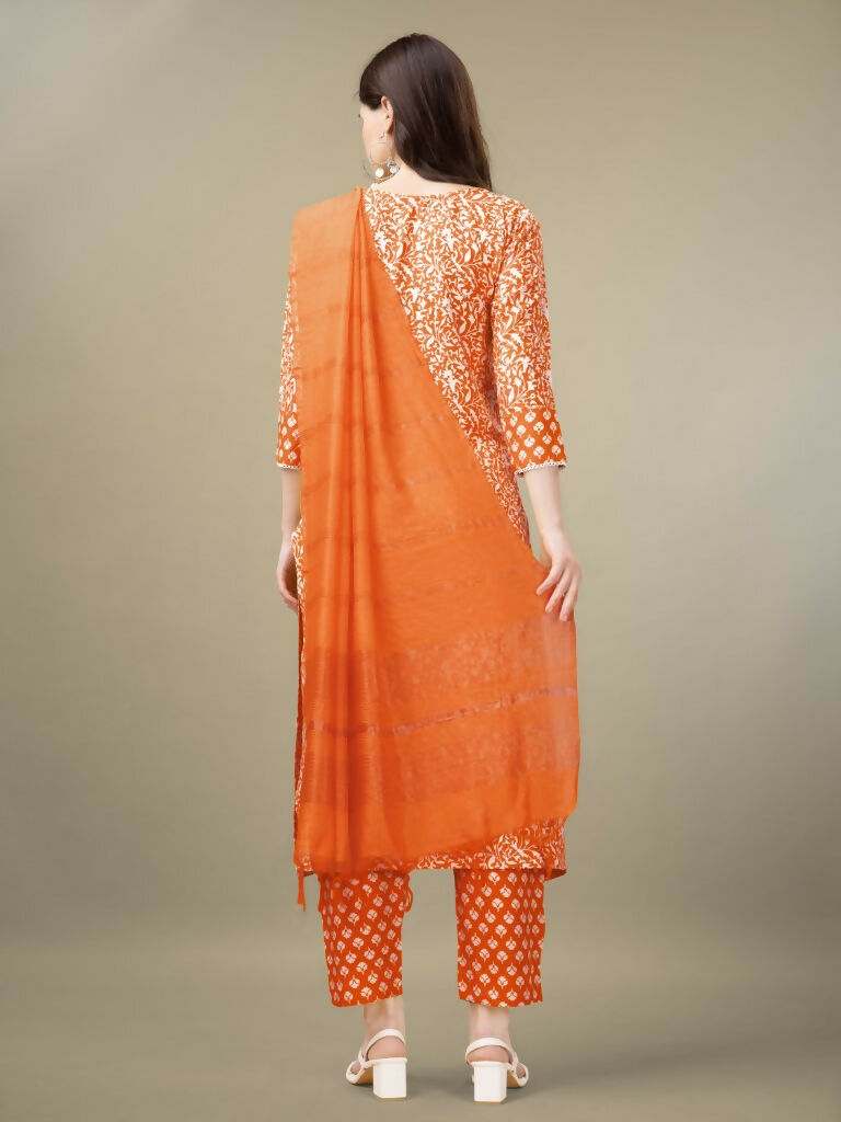 Jyoti Fashion Women's Orange Rayon Embroidery & Sequence work Kurta with Trouser & Dupatta