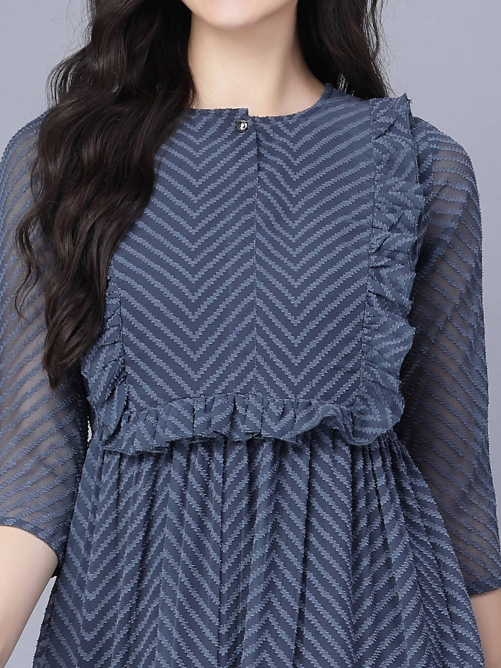 Myshka Georgette Solid 3/4 Sleeve Round Dark Grey Women Dress