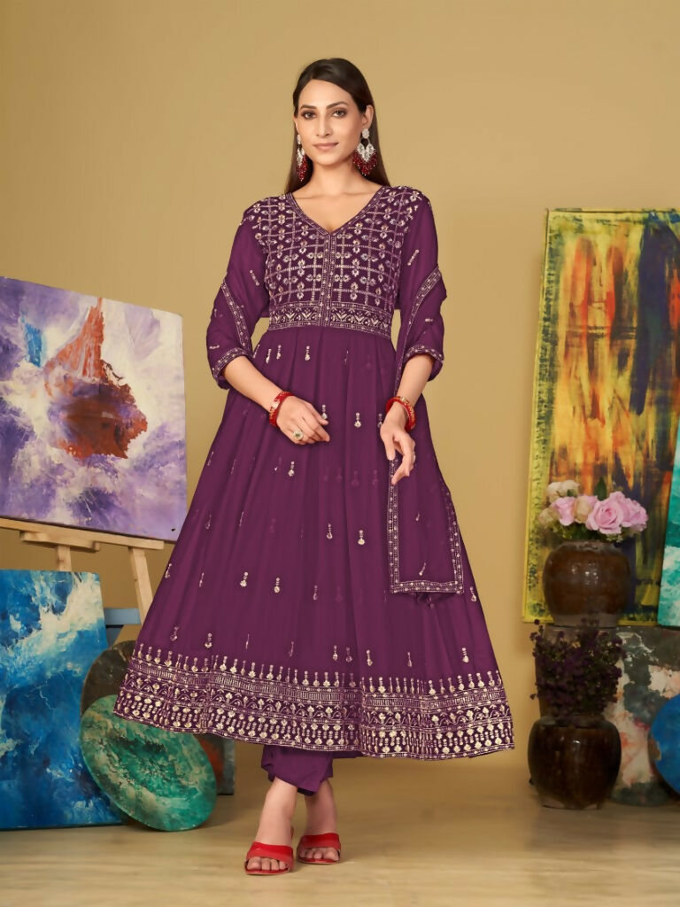 Jyoti Fashion Women's Purple Georgette Embroidered Anarkali Kurta Pant Set With Dupatta