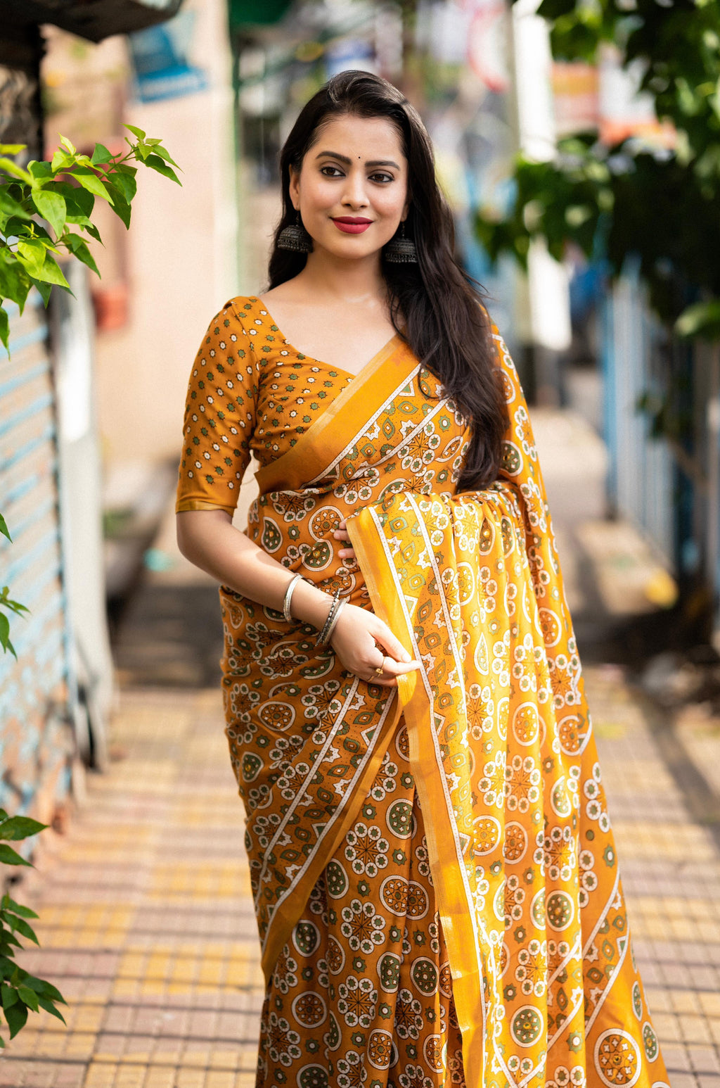 Mustard Cotton Blend Ajrak Saree with Unstitched Blouse - Hiral Fashion
