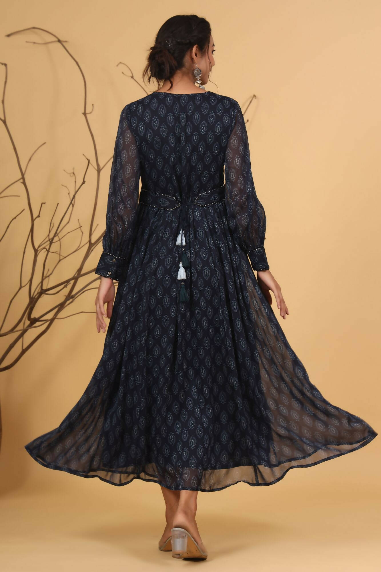 Juniper Women Navy Chiffon Printed Flared Dress