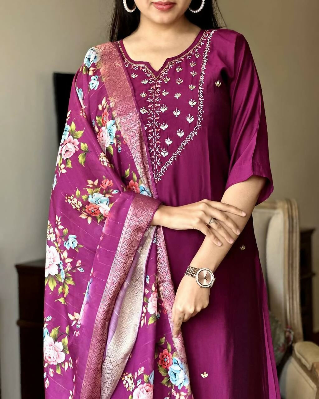 The52 Wine Women's Gorgeous Embroidered Rayon Fabric Straight Kurta Pant with Dupatta Set