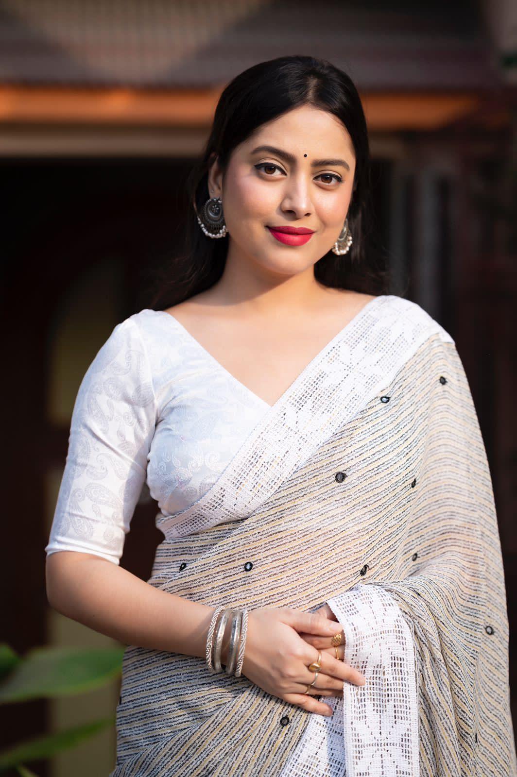 Grey Poly Georgette Ethnic Motifs Saree with Unstitched Blouse - Hiral Fashion