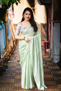 Green Poly Crepe Ethnic Motifs Saree with Unstitched Blouse - Hiral Fashion