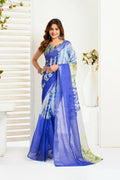Vastranavya Blue Digital Printed Linen Ready To Wear Designer Saree with Unstitched Blouse
