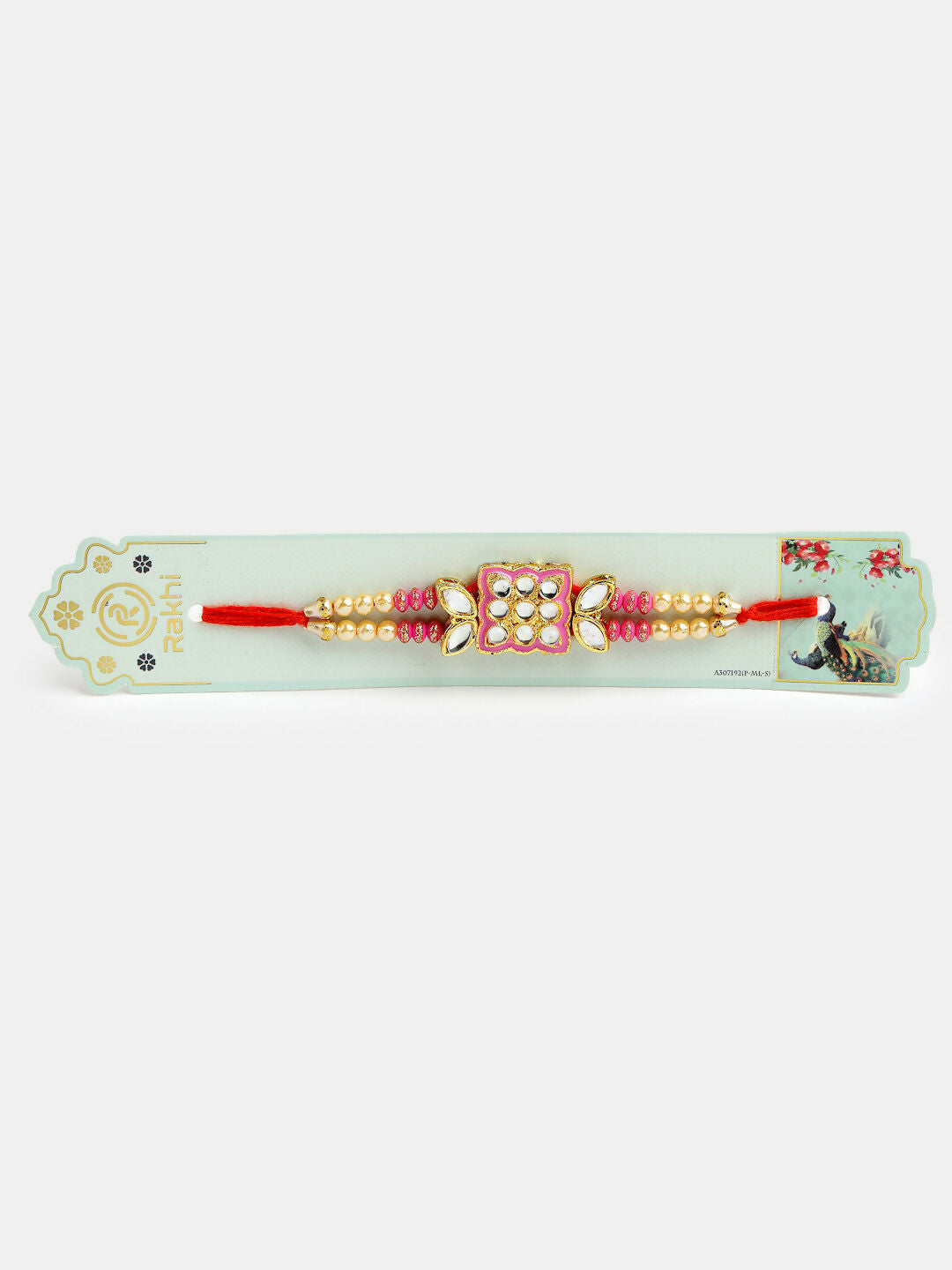 NVR Men Pink & Gold-Toned Kundan-Studded Rakhi With Roli Chawal & Chocolate