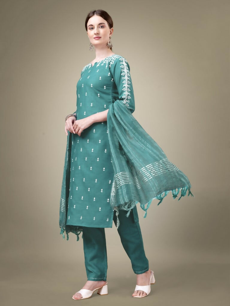 Jyoti Fashion Women's Teal Cotton Blend Embroidery & Sequence work Kurta with Trouser & Dupatta