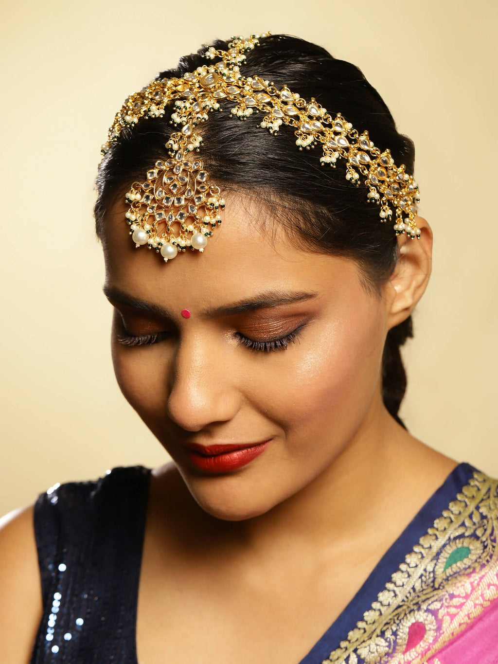 Gold-Polished White Green Kundan-Studded Pearl Beaded Matha Patti - Ruby Raang