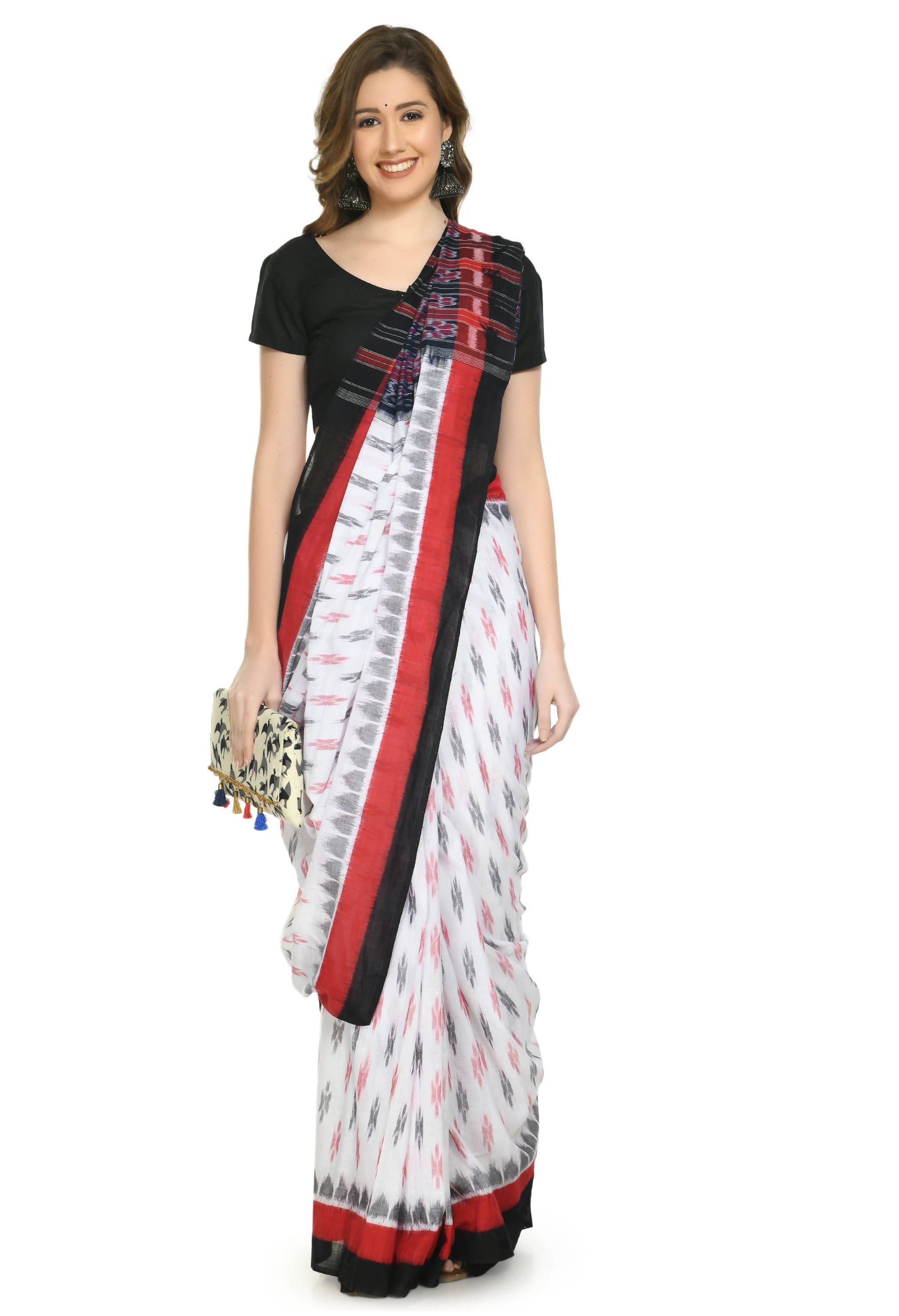 Vamika Sambalpuri Ikat Cotton Dehabandha White, Red & Black Saree