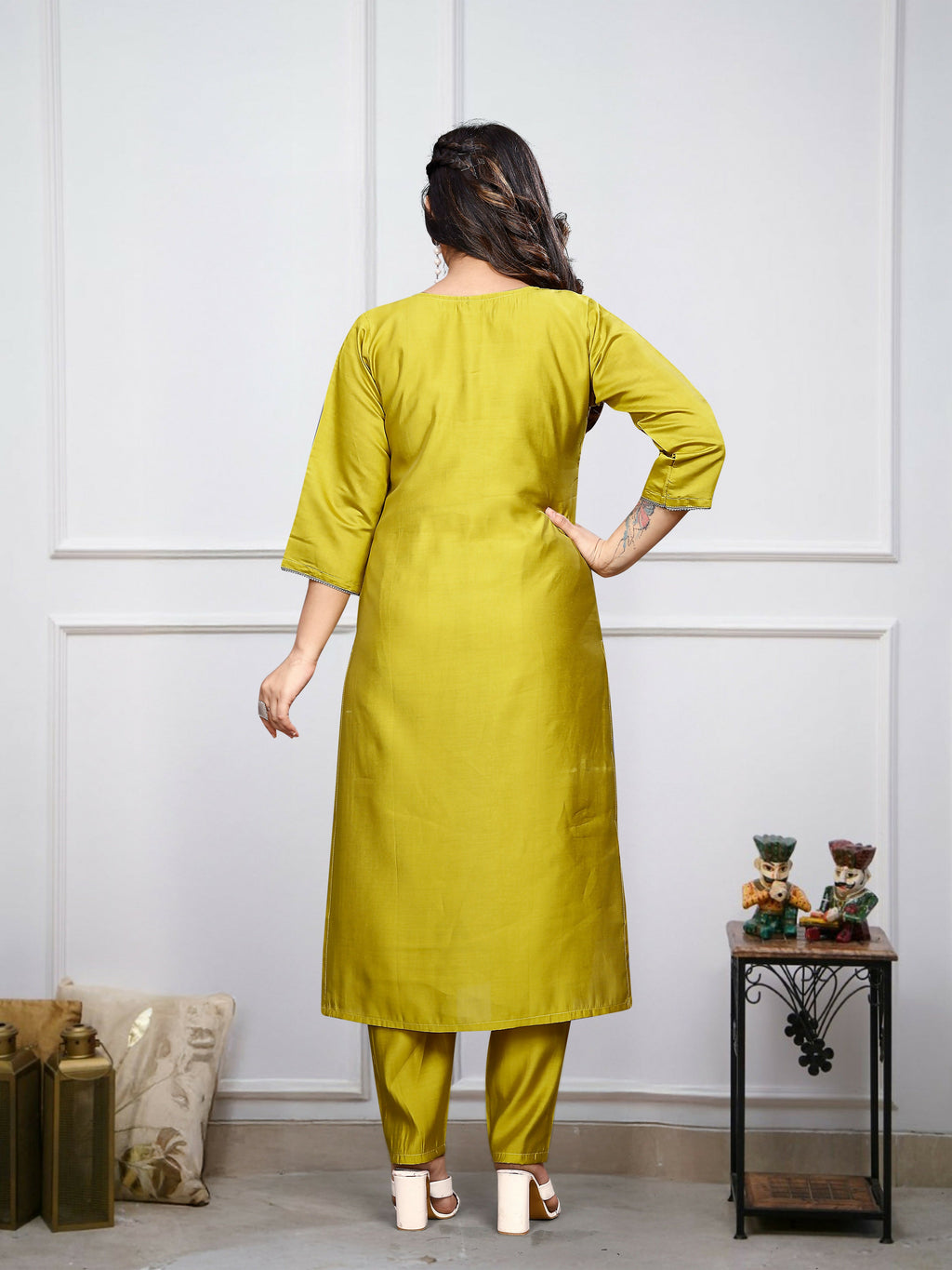 The52 Lemon Beautiful Embroidered Viscose Chanderi Fabric Straight Kurta Pant with Dupatta Set