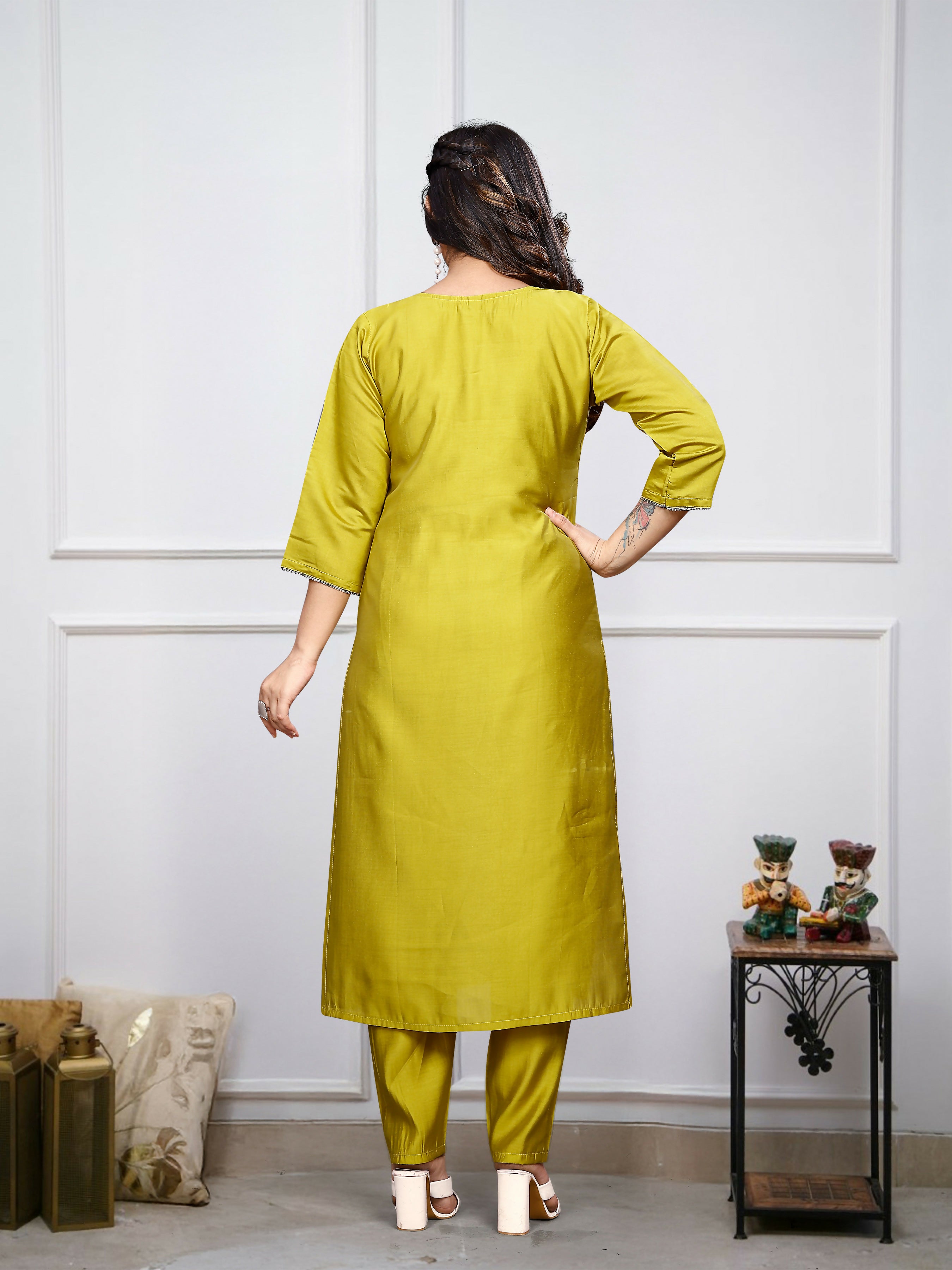 The52 Lemon Beautiful Embroidered Viscose Chanderi Fabric Straight Kurta Pant with Dupatta Set