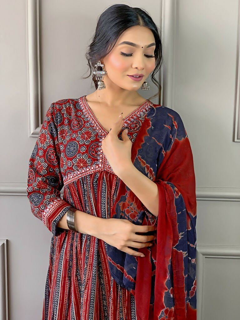 Partywear Designer Cotton Maroon Stitched Suit With Dupatta - Tanisha