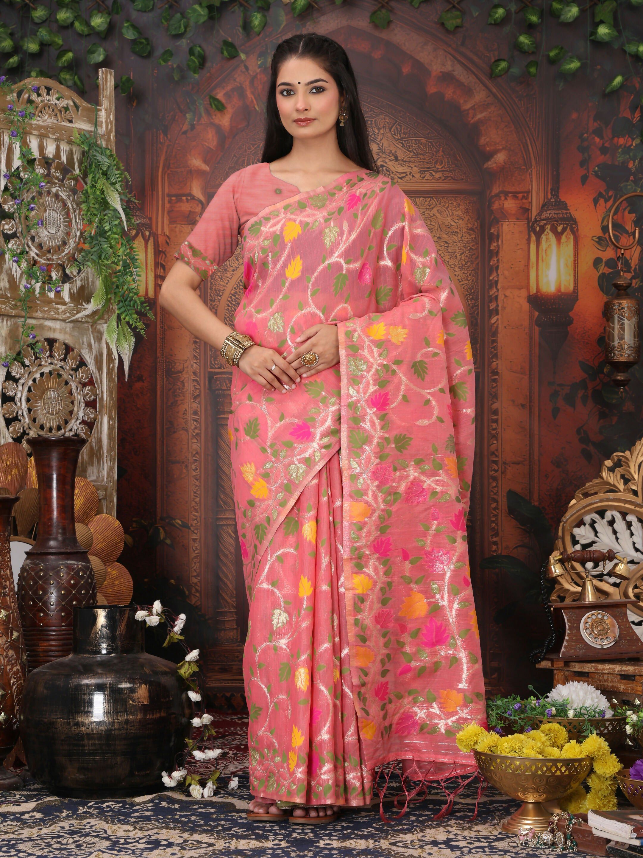 Shree Shyam Fashion Linen Cotton Pink Saree
